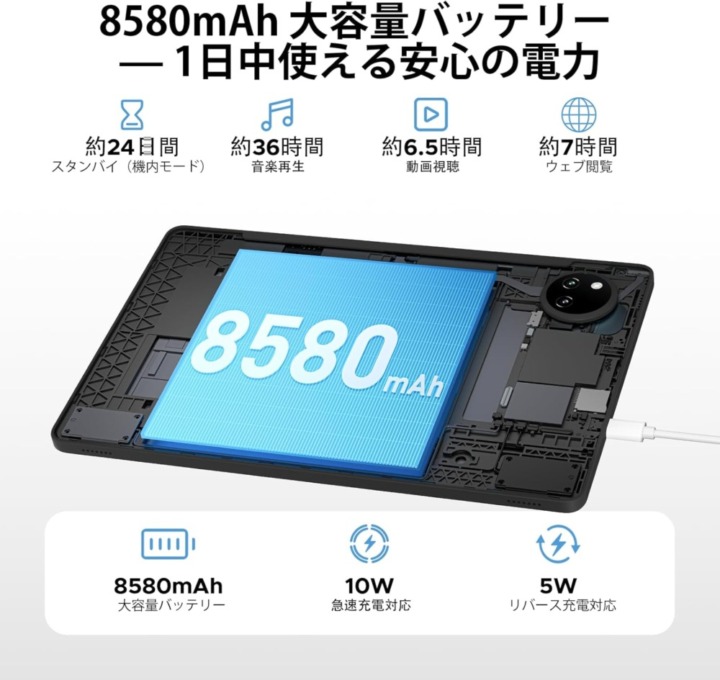 大容量8580mAhバッテリーで安心して使える
